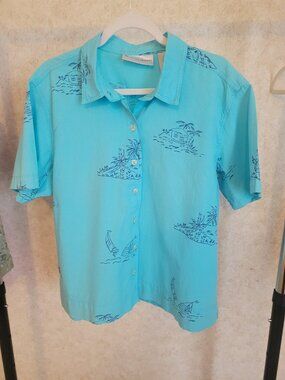 Blue Tropical Short Sleeve Button Top Dress Barn Womens Size XL Hawaiin